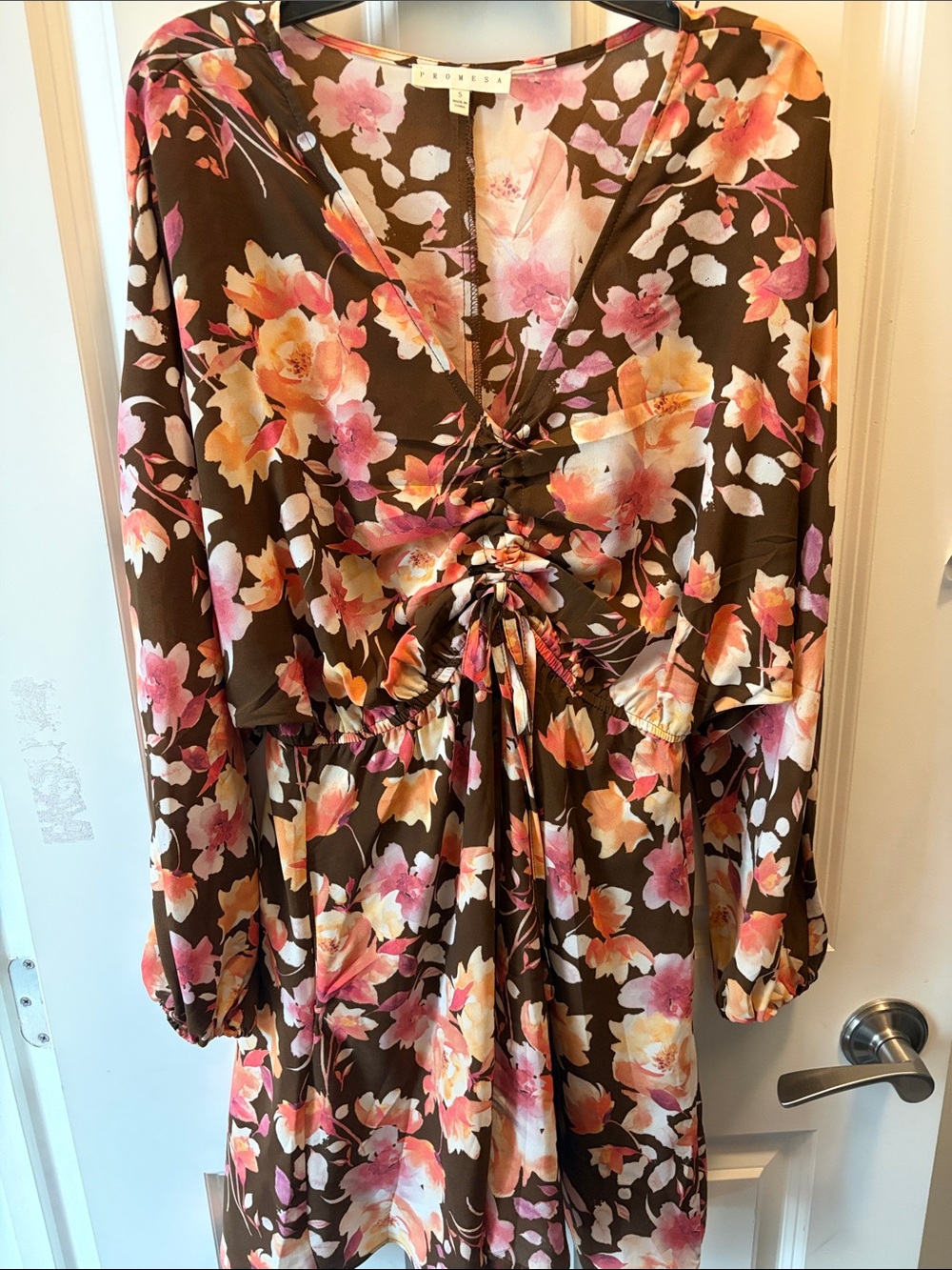Promesa Brown Floral Long-Sleeve Tie-Front Dress